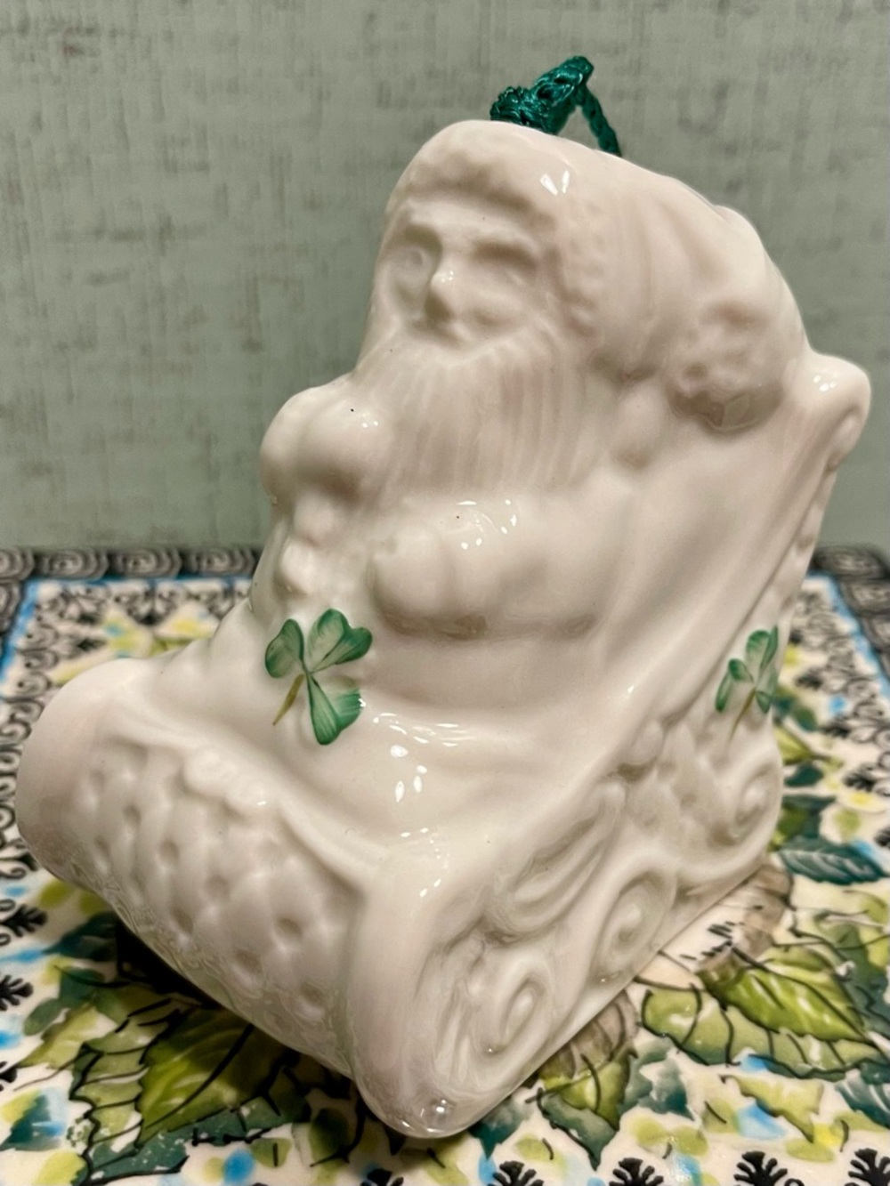 BELLEEK IRELAND White Ceramic Santa Sleigh Ornament Bell with Green Shamrock